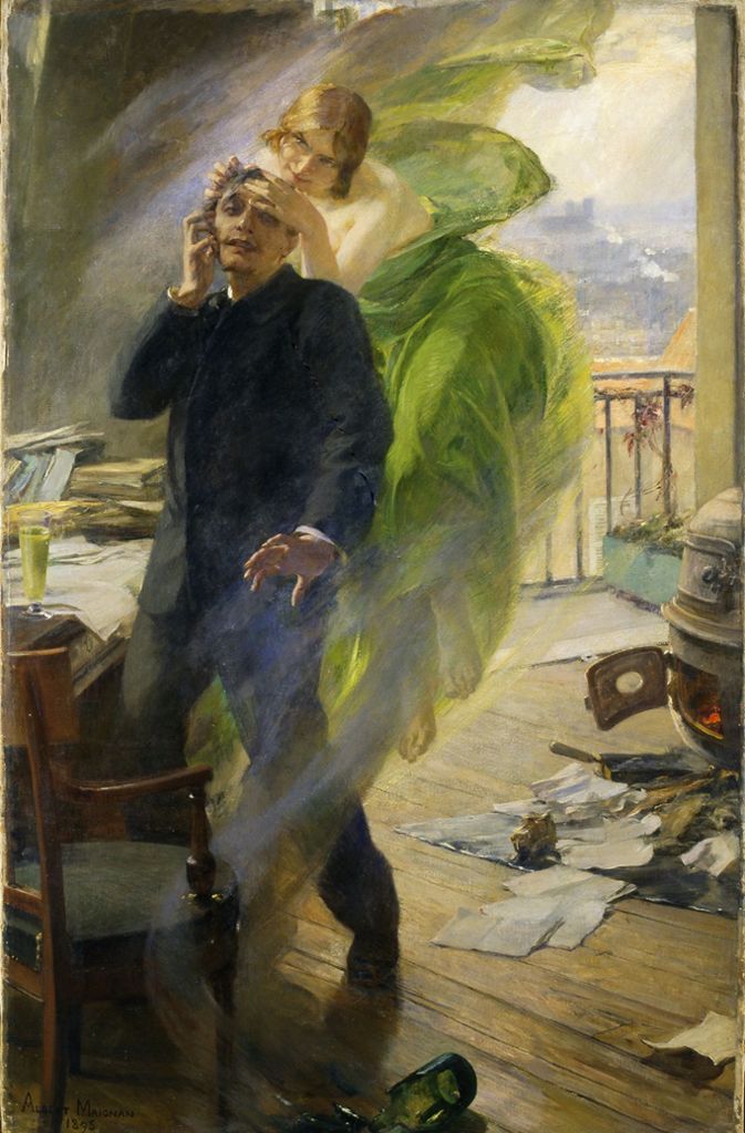 Ins Glas geschaut: Auf Albert Maignans Gemälde „Die grüne Fee“ (1895) entgleiten dem jungen Mann die Dinge – ihn ergreift der süße Rausch.