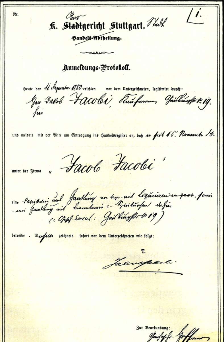 Mit diesem Dokument wurde die Eintragung ins Stuttgarter Handelsregister am 15. November 1880 protokolliert.