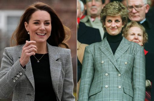 Mit diesem Blazer sendet Herzogin Kate (links) starke Diana-Vibes: Die Prinzessin von Wales (rechts) trug seinerzeit ein ganz ähnliches Teil. Foto: Imago/iImages/Allstar