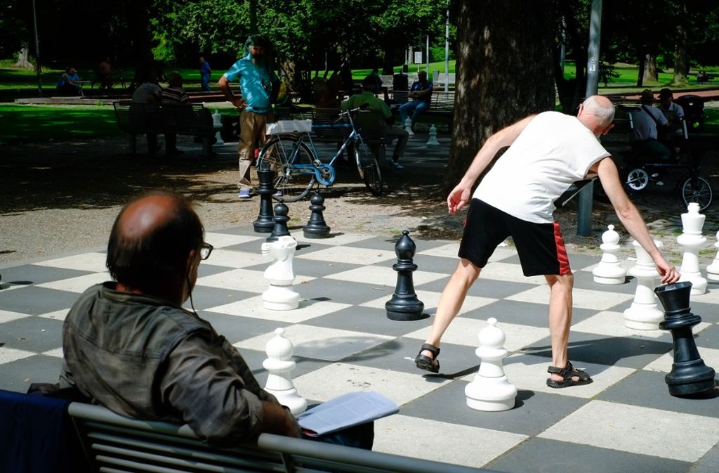 Im Mittleren Schlossgarten in Stuttgart ziehen die öffentlichen Schachbretter leidenschaftliche Spieler an.