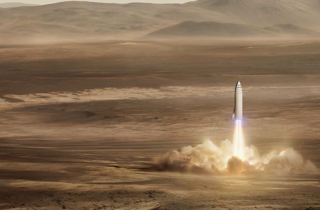 Ehrgeizige Pläne: So stellt man sich beim Raumfahrtunternehmen SpaceX den Start eines Raumschiffes in Richtung Mars vor.