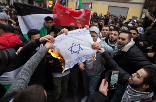 Demonstranten in Berlin verbrennen eine Israelflagge. Foto: dpa