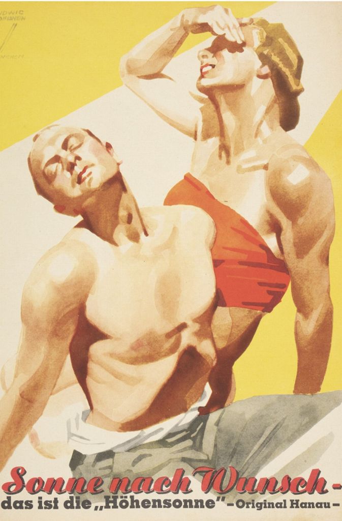Zwischen den 1920er und den späten 1970er Jahren wurden künstliche Sonnen intensiv beworben. Der prominente Plakatkünstler Ludwig Hohlwein gestaltete 1937 einen Werbeprospekt für die Marke „Original Hanau Höhensonne“ – unverkennbar der Ästhetik des Nationalsozialismus verpflichtet.