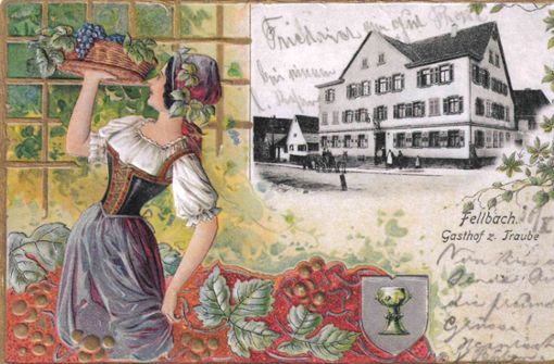 Ein 1904 verschicktes Exemplar, das Dekor verweist auf den Weinbau. Kaum ein  Fellbacher Gasthof hat derart viele Karten  erstellen lassen wie die 1844 eröffnete  „Traube“, schräg  gegenüber der Lutherkirche. Foto:  