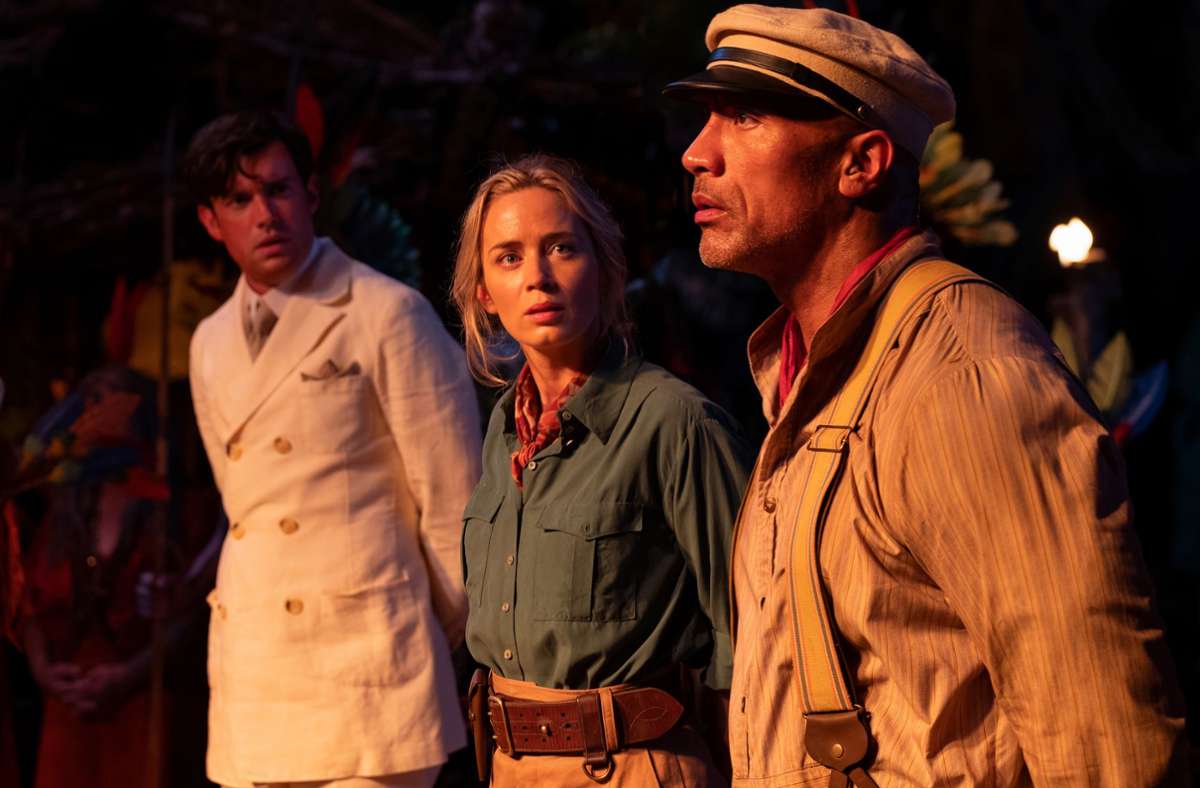 Jack Whitehall als McGregor, Dwayne Johnson als Frank und Emily Blunt als Lilly in „Jungle Cruise“