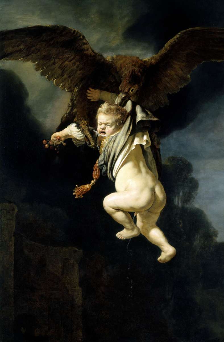Der Bub pieselt vor Schreck: Rembrandt hat die mythologische Geschichte von „Ganymed in den Fängen des Adlers“ (1635) plastisch und einfühlsam übersetzt.