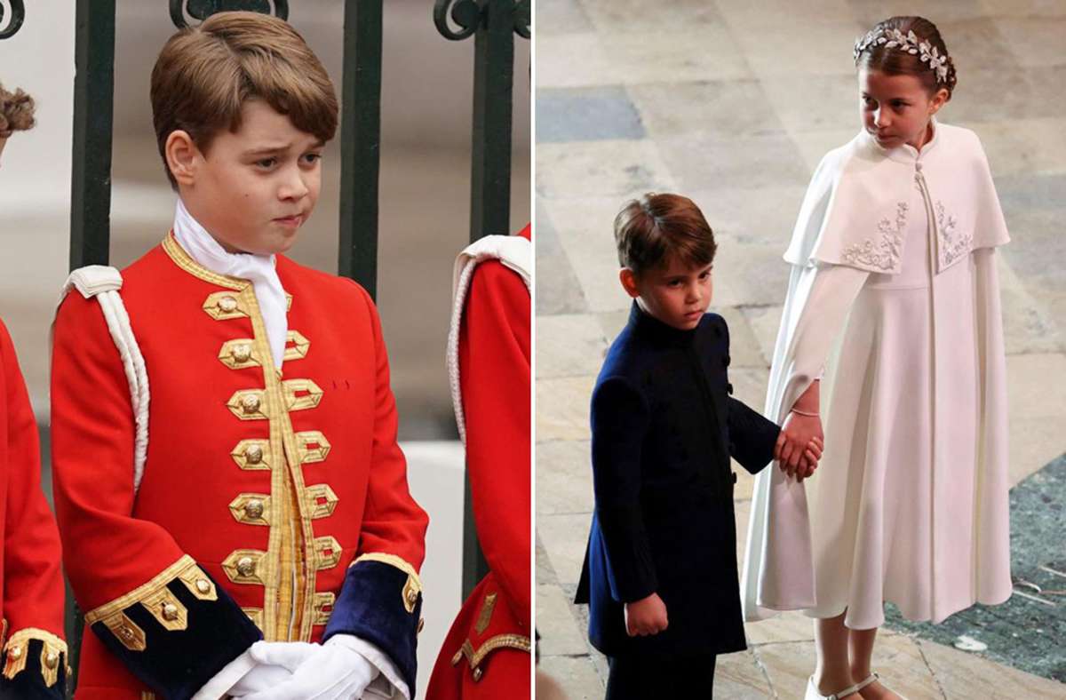 In der roten Uniform des Ehrenpagen: Prinz George. Prinzessin Charlotte hält Prinz Louis an der Hand.