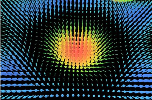 Physik aus der Nanowelt der Atome zum Anschauen: eine Momentaufnahme des Films mit Skyrmionen, winzig  kleinen Wirbeln, die entstehen, wenn man mit einem Laserstrahl auf  eine  Goldoberfläche schießt Foto: Universitäten Stuttgart (PI4), Duisburg-Essen und  Melbourne