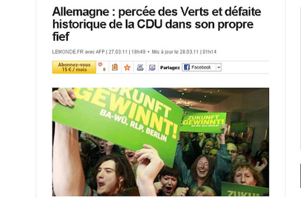 Die Online-Ausgabe der französischen Tageszeitung Le Monde sieht genau hin, was jenseits des Rheins in diesen Tagen geschieht. Die Baden-Württemberger hätten sich "gegen die Atomkraft und gegen ihre eigene Kanzlerin" entschieden.