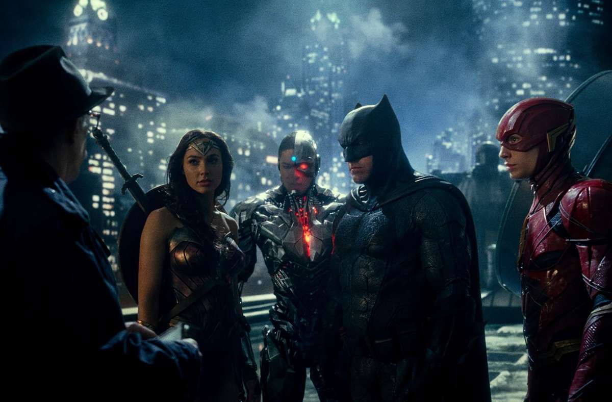 „Zach Snyder’s Justice League“: Gale Gadot als Wonder Woman, Ray Fisher als Cyborg, Ben Affleck als Batman, Ezra Miller als The Flash