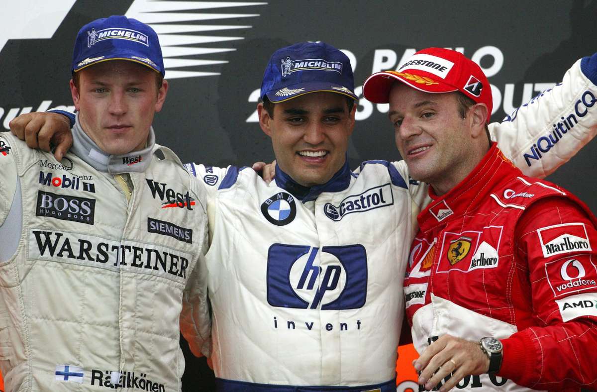Nach der Saison 2004 endet die Erfolgsgeschichte. Juan Pablo Montoya (Mi./mit Kimi Räikkönen und Ferrari-Mann Rubens Barrichello) siegt beim Grand Prix von Brasilien in Sao Paulo, BMW verlässt Williams nach der Saison 2005. Es hatte zu häufig Meinungsverschiedenheiten gegeben.