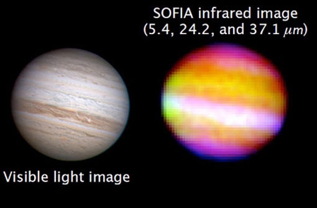 Das Teleskop Sofia zeigt den Jupiter in ungewohnten Farben, die für unterschiedliche Wärmestrahlen stehen. Sehr viel Wärme entweicht im weißen Streifen.