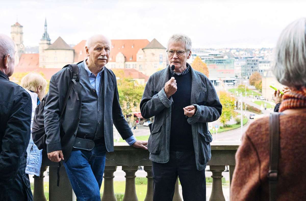 Wieland Backes (links) und Arno Lederer bei einem Stadtrundgang 2017 Foto: Lg/Verena Ecker