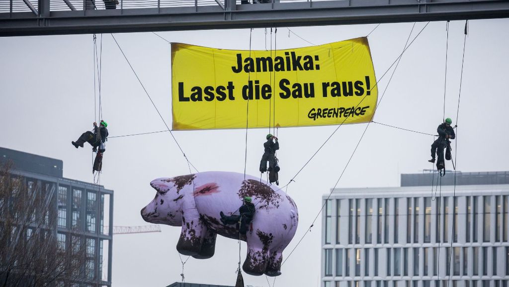 Schweine für Jamaika-Unterhändler: Halsbrecherische Aktion von Greenpeace