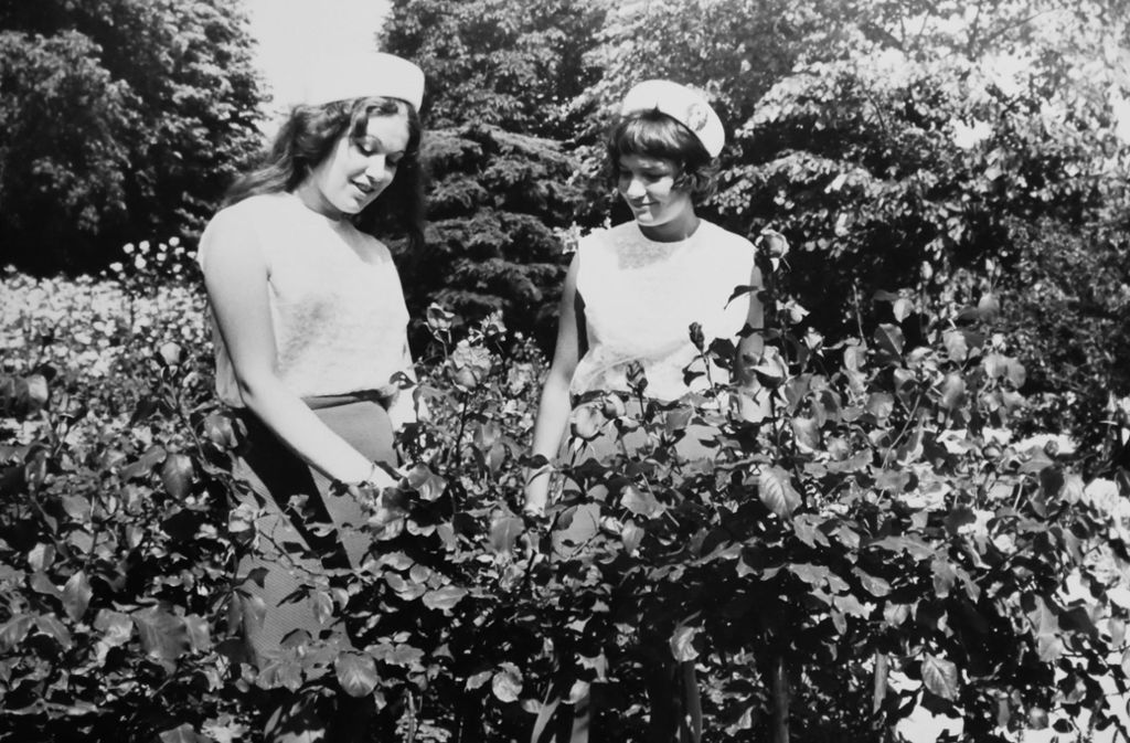 Gästeführerinnen im Rosengarten im Jahr 1974. Sie hatten damals die Aufgabe, Gruppen durch den Park zu führen, aber auch Ansprechpartnerinnen für Fragen aller Art zu sein.