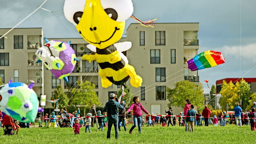 Drachenfest in Ostfildern: Eine flotte Biene summt  durch das Luftmeer