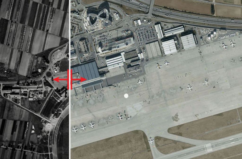 Unser Luftbilder-Vergleich zeigt, wie viel Fläche der Flughafen Stuttgart in den vergangenen sechs Jahrzehnten dazugewonnen hat.