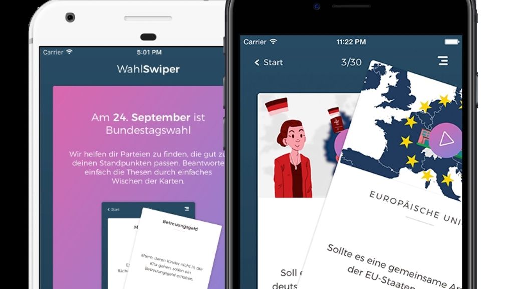  Eine neue App soll Wählern die Entscheidung bei der Bundestagswahl 2017 erleichtern: „WahlSwiper“ arbeitet wie der Wahl-O-Mat, nur cooler. Die App soll die „Generation Tinder“ ansprechen. 