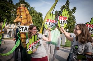 Als Genmais verkleidet haben TTIP-Gegner auf dem Schlossplatz für ihre Demo am 17. September geworben. Foto: Lichtgut/Achim Zweygarth