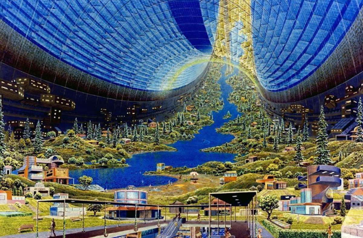 Künstlerische Darstellung eines Weltraum-Habitats – ein sogenannter Stanford-Torus – nach einer Zeichnung des amerikanischen Space Artist Don Davis.