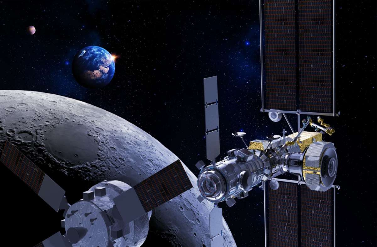 Mit der Mondmission Artemis will die Nasa zum ersten Mal eine Frau auf den Mond bringen. Wer die erste sein wird, steht zwar noch nicht fest – es wird aber eine der hier vorgestellten neun Frauen sein. Allerdings muss der Arbeitsplatz erst noch gebaut werden – das sogenannte Lunar Gateway soll den Mond auf einer elliptischen Bahn umkreisen. Im Vordergrund ist das Orion-Raumschiff zu sehen, das die Besatzung zur Station bringt.