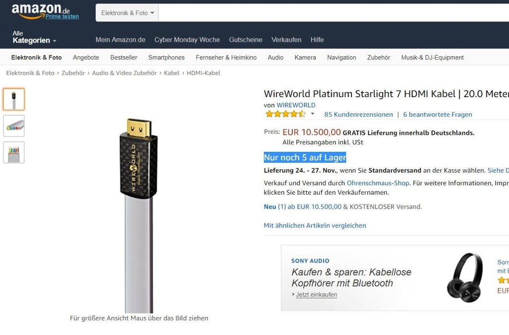 Es gibt viele HDMI-Kabel bei Amazon. Doch dieses hier sticht heraus: Es kostet mehr als 10.000 Euro. Andy schreibt: „Zum Kabel an sich kann ich nicht viel sagen, habe es nur zur Sicherheit geholt, falls ich mal eins brauche.“
