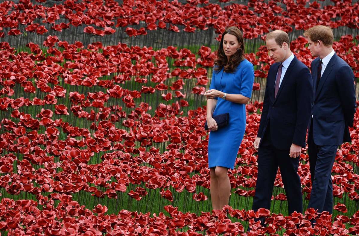 2014: Herzogin Kate, Prinz William und Prinz Harry bei einer Gedenkveranstaltung für die Opfer des Ersten Weltkriegs.