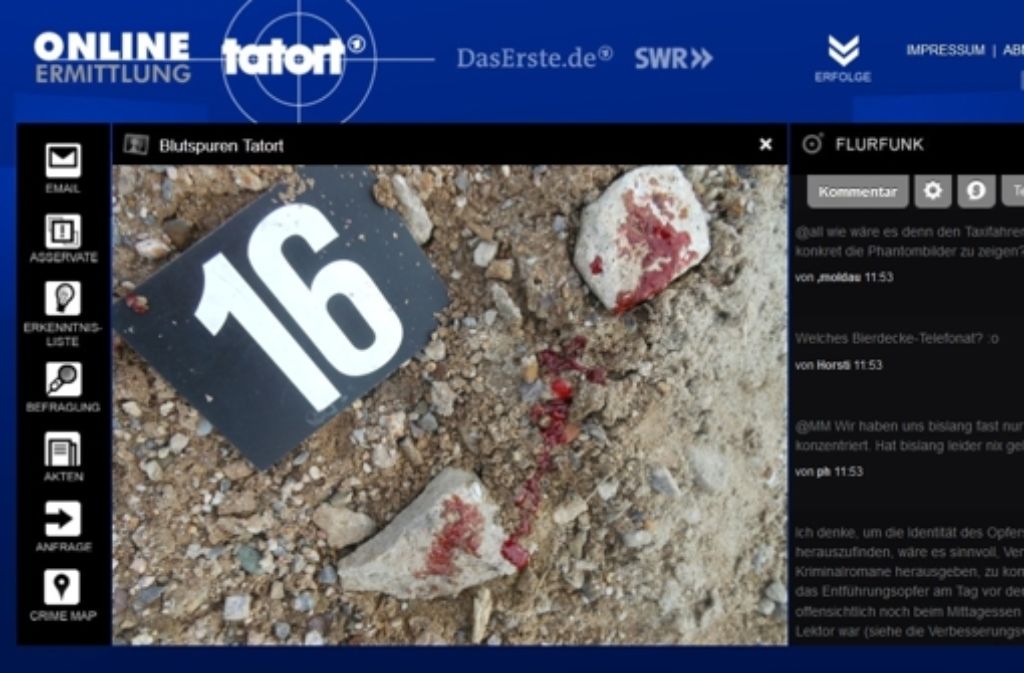 Im interaktiven Online-Spiel „Tatort plus“ zum Stuttgarter Tatort „Spiel auf Zeit“ können Zuschauer den Tatort-Kommissaren