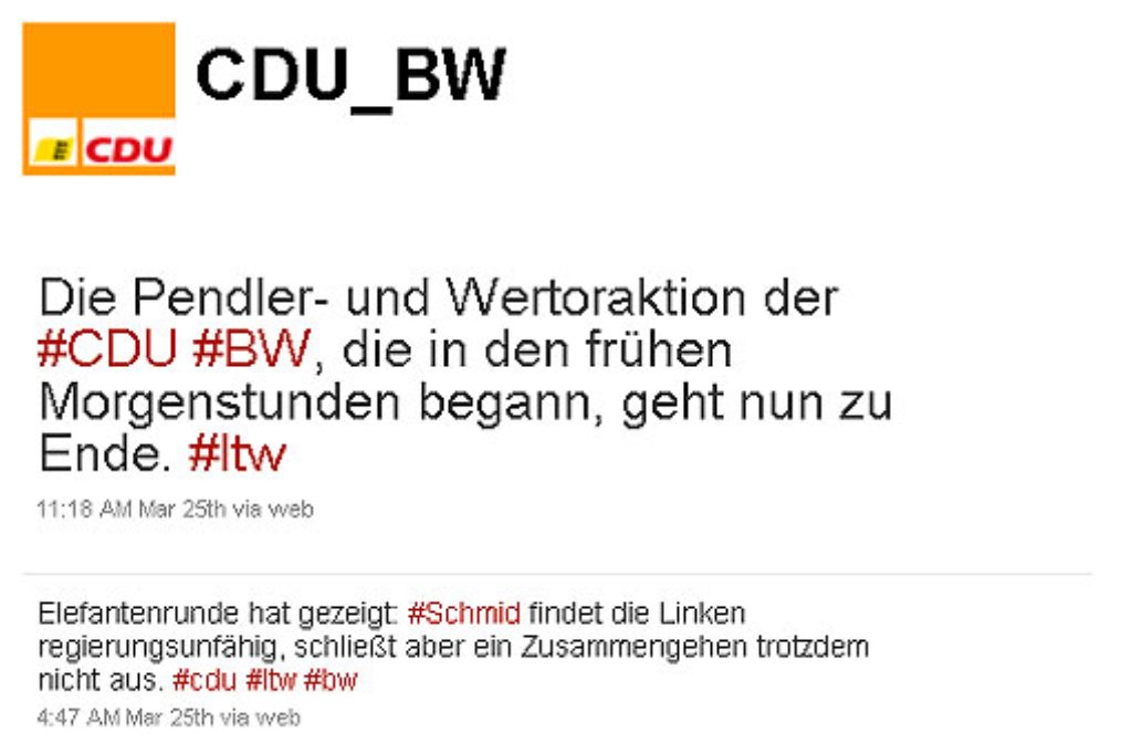 Auf dem Twitter-Account der CDU Baden-Württemberg bleibt es still: Am 25. März wurde hier der letzte Tweet abgeschickt (Stand: 28. März, 15.10 Uhr).