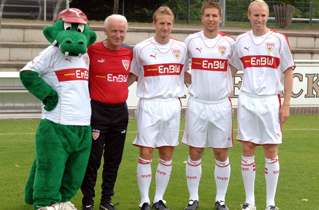 Zu der Zeit spielt Thomas Hitzlsperger bereits beim VfB – 2005 kommt er wie Trainer Giovanni Trapattoni und seine Nebenmänner Daniel Bierofka und Ludovic Magnin (von links) nach Stuttgart.