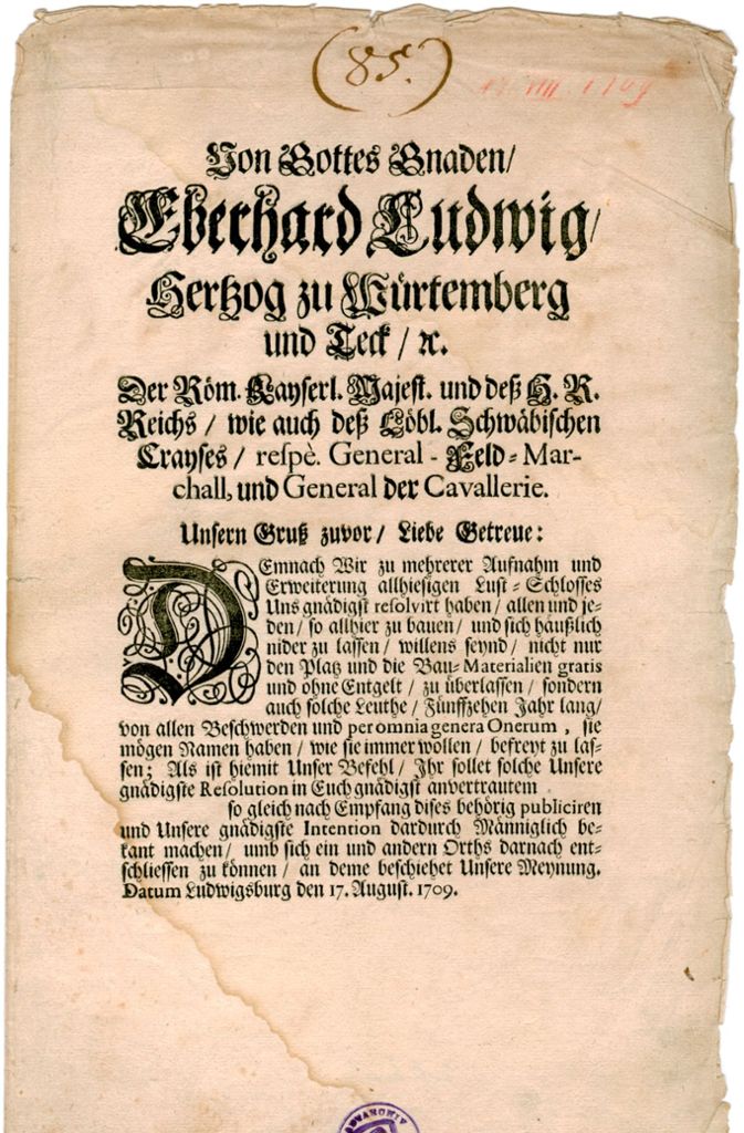 Mit diesem Flugblatt lockte der Herzog Bewohner nach Ludwigsburg. (Original: Hauptstaatsarchiv Stuttgart)