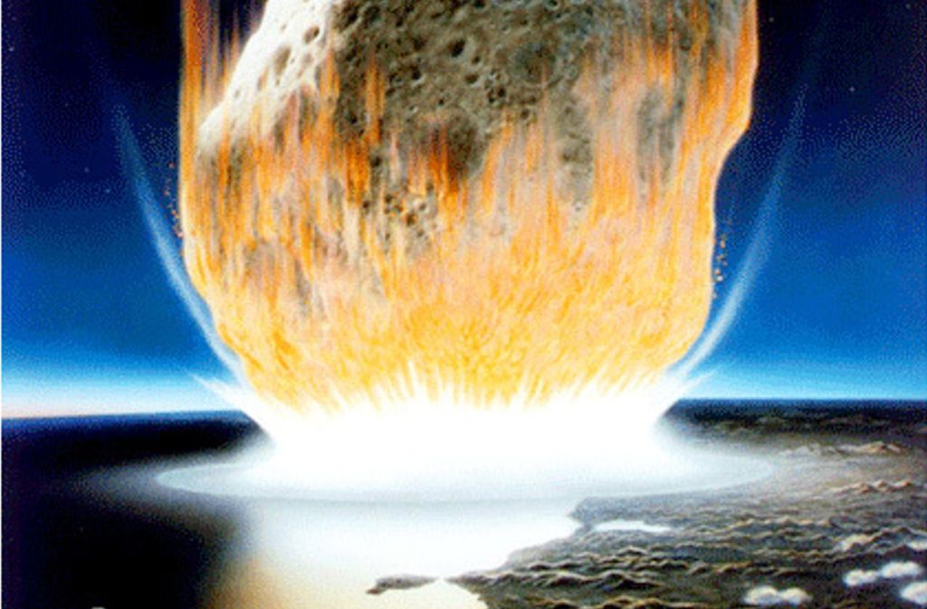 Künstlerische Deutung des  Asteroidenaufpralls auf der Erde: Der Asteroid im Bild erscheint viel größer als der rund zehn Kilometer lange Felsen, von dem Wissenschaftler annehmen, dass er vor 66 Millionen Jahren auf der Erde aufschlug. Das Bild illustriert jedoch gut die Hitzeentwicklung beim Aufschlag des Asteroiden. Foto: Don Davis/Nasa/dpa
