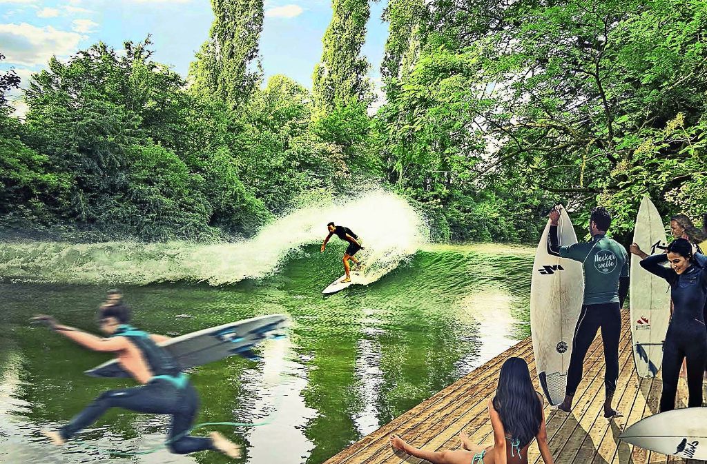 Eine Animation zeigt, wie auf dem Neckar gesurft wird. Foto: Team Neckarwelle