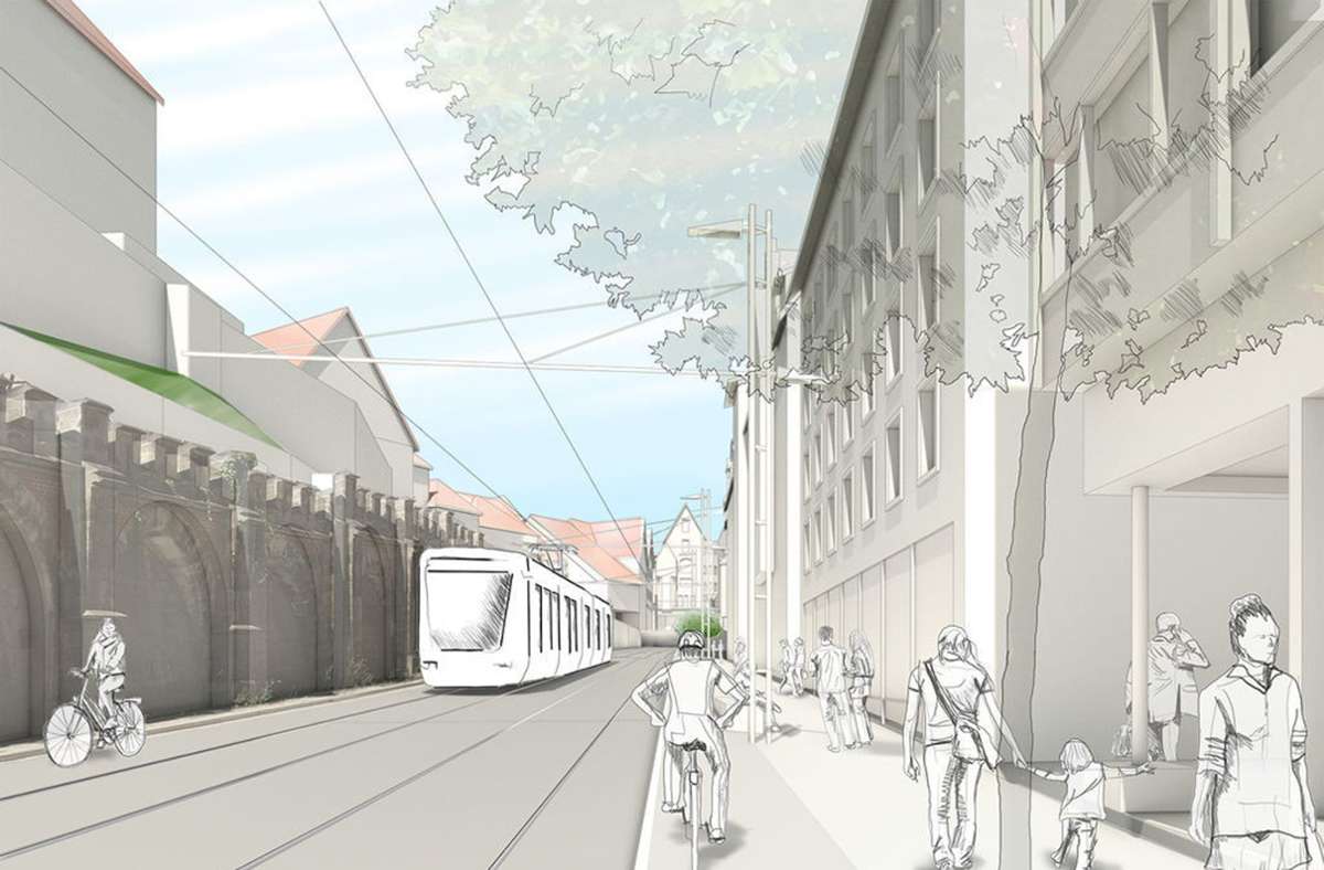 Visualisierung der Strecke in der Tübinger Mühlstraße, wo noch Platz für Fahrräder und Fußgänger bleiben wird