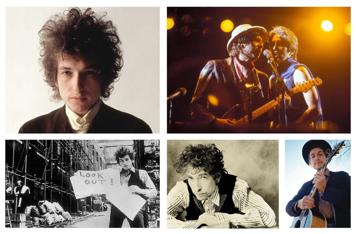 Die vielen Gesichter des Bob Dylan: mal mit Joan Baez (oben rechts), mal mit Allen Ginsberg (unten links), mal mit, mal ohne Gitarre. Sieben wichtige Songs, die die Vielfalt dieses Liederschreibers vorführen, stellen wir in unserer Bildergalerie vor.