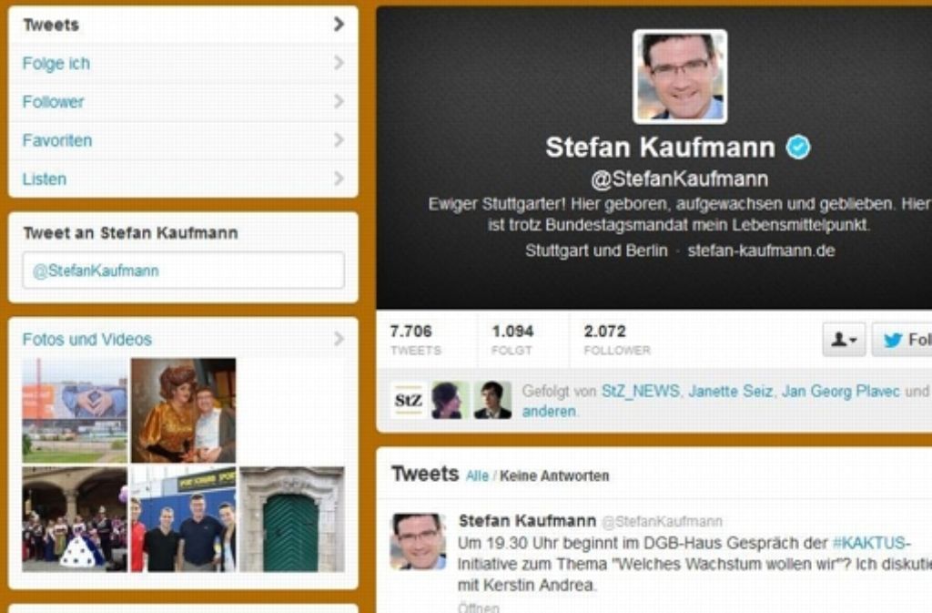 Kaufmann twittert mehrmals am Tag, laut eigener Aussage schreibt er die Tweets selbst. Das verfolgen mehr als 2000 Follower.
