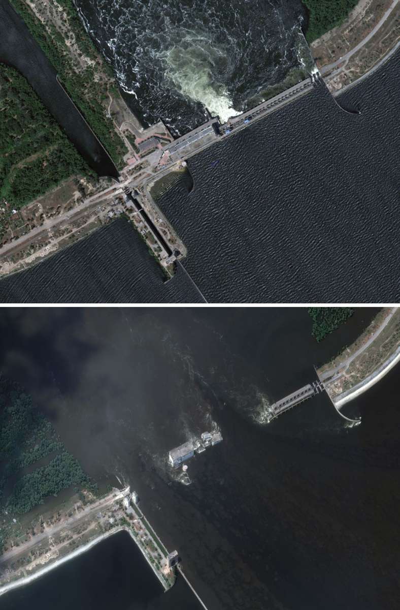 Die Bildkombo aus von Maxar Technologies zur Verfügung gestellten Satellitenaufnahmen zeigt den Kachowka-Damm im Süden der Ukraine vor der Zerstörung (oben, Aufnahme vom 5. Juni 2023) und danach (unten, Aufnahme vom 6. Juni 2023).