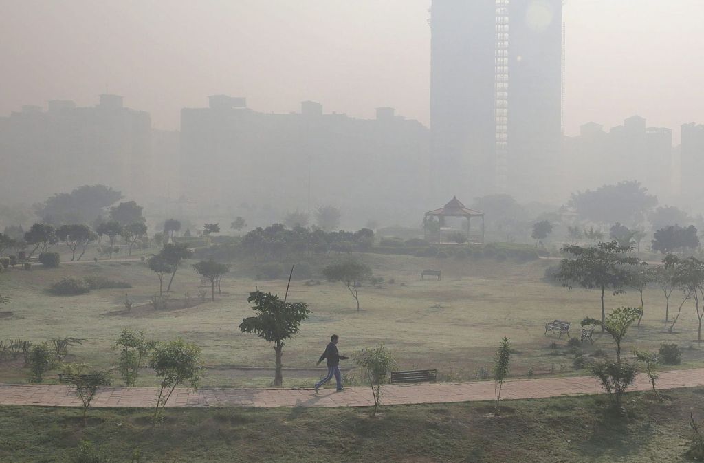 Ein Mann macht seinen Morgenspaziergang in einem Park am Rand der vom Smog vernebelten Metropole Delhi. Foto: dpa