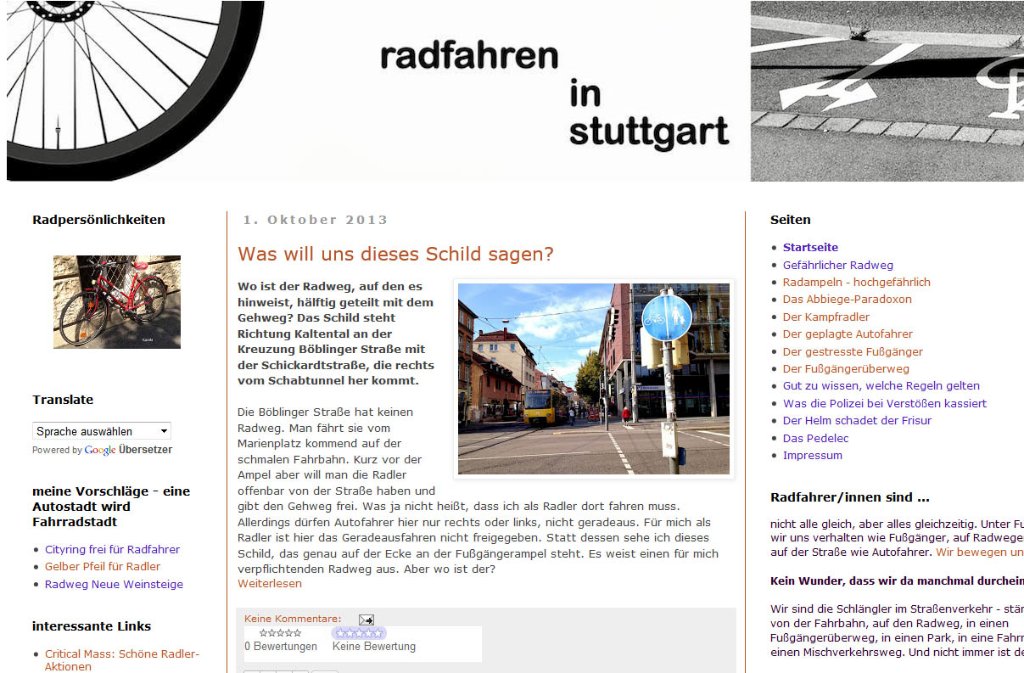 ...schreibt sie seit Juni 2013 in ihrem Blog "Radfahren in Stuttgart". Leser finden Allgemeines zum Thema Radfahren,...