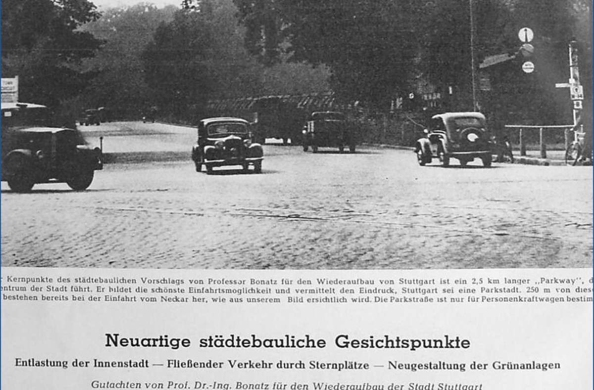 Nach dem Krieg propagierte Bonatz erneut und erfolglos diese Idee eines „Parkway“ durch den Schlossgarten auch öffentlich.