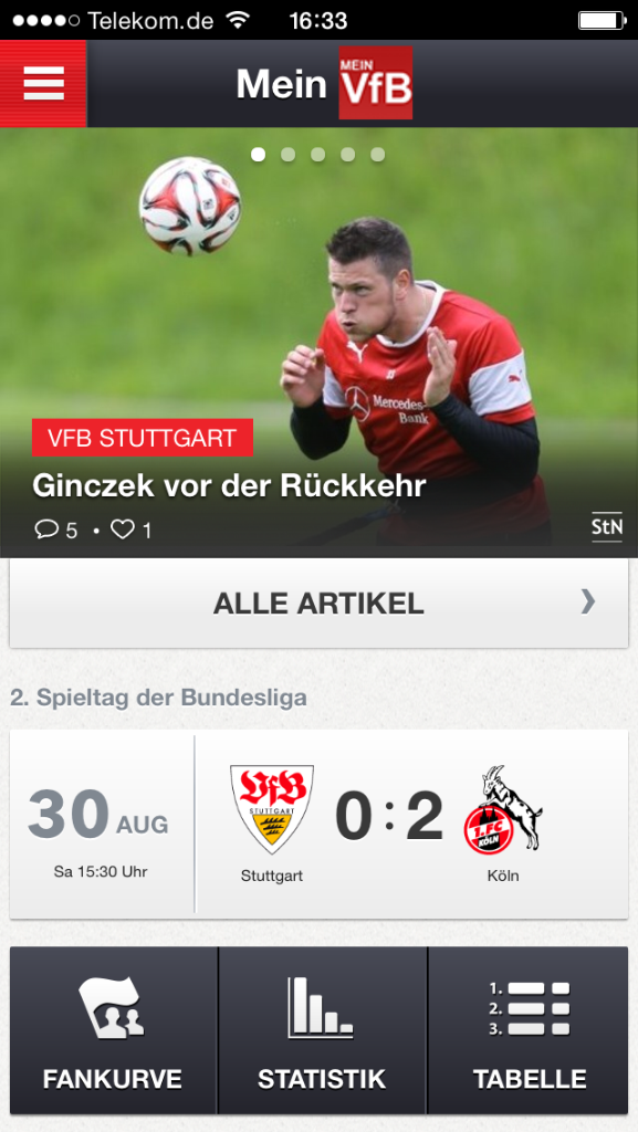 Genau wie hier bei iOS, können Sie in der App-Schaltzentrale direkt das nächste bzw. letzte Spiel des VfBs im Ticker begleiten, einen Blick auf die Tabelle werfen oder in der Fanwall Ihre Meinung zum VfB Stuttgart los werden.