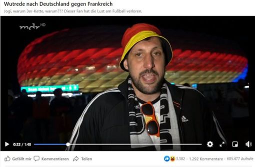 Ein Deutschland-Fan bringt seine Enttäuschung über den Auftritt der DFB-Elf zum Ausdruck – das Video dazu geht im Internet viral. Foto: Screenshot Facebook/MDR/@zeiglerswelt