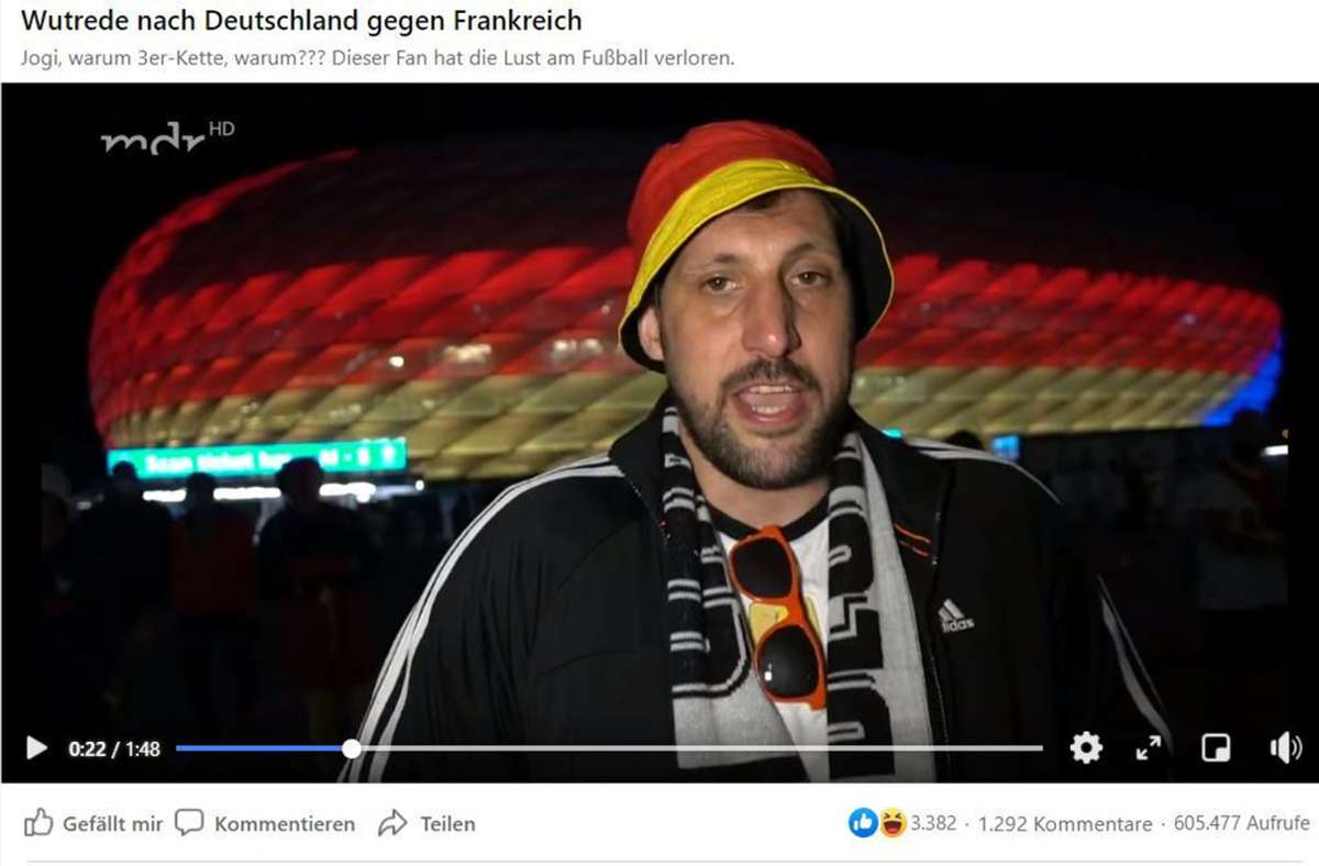 Ein Deutschland-Fan bringt seine Enttäuschung über den Auftritt der DFB-Elf zum Ausdruck – das Video dazu geht im Internet viral. Foto: Screenshot Facebook/MDR/@zeiglerswelt
