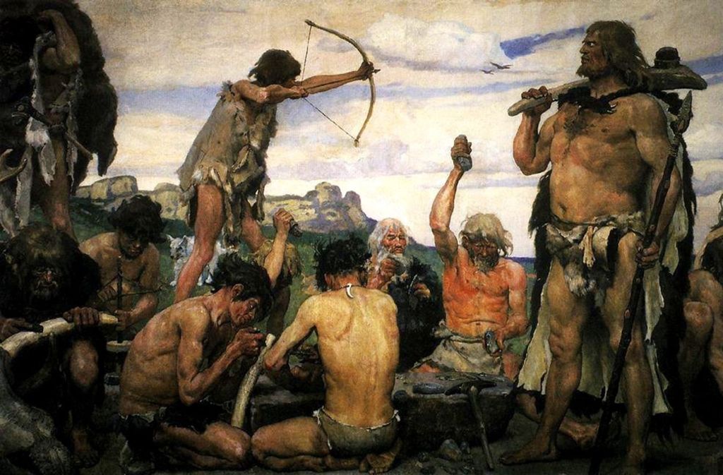 Steinzeitliche Jäger, Gemälde des russischen Historienmalers Wiktor Wasnezow (1848-1926). F