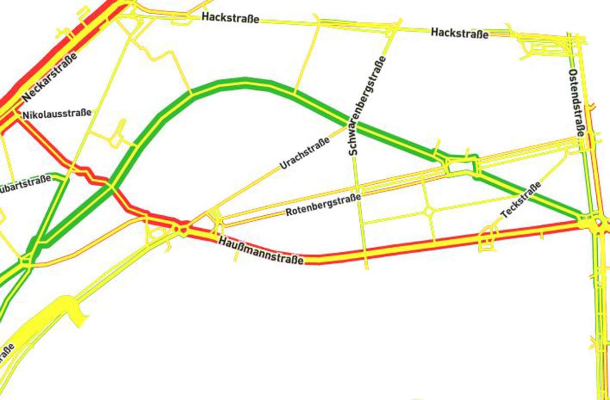 Im Osten wäre die Haußmannstraße vielfach der direkte Weg. Stattdessen nehmen viele die grün markierte Landhausstraße.