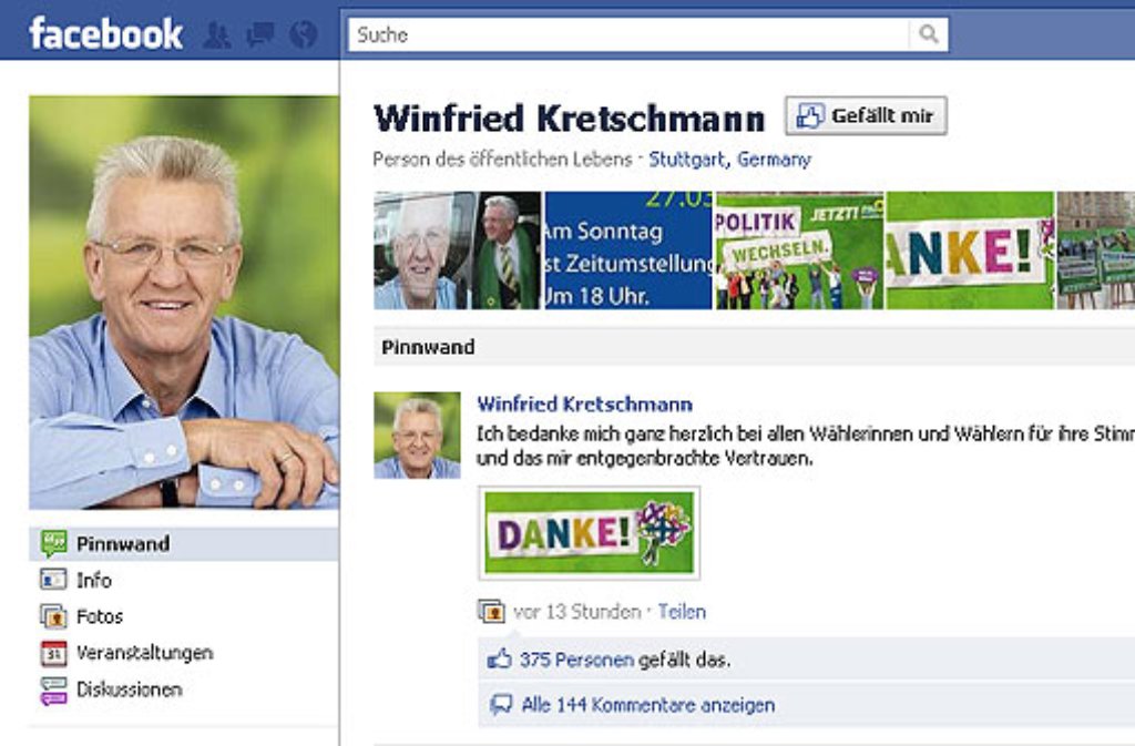 Wahlsieger Winfried Kretschmann teilt seine Freude via Facebook: "Ich bedanke mich ganz herzlich bei allen Wählerinnen und Wählern für ihre Stimme und das mir entgegenbrachte Vertrauen."