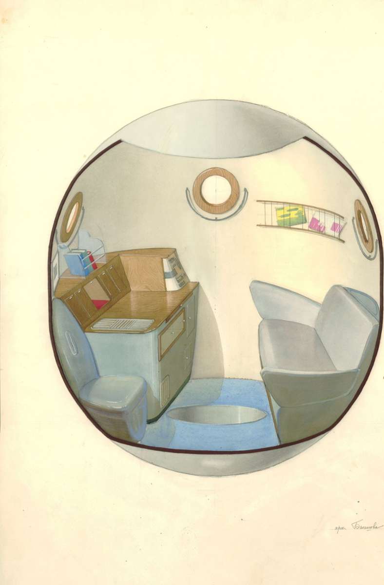 Galina Balaschowa, Skizze des Innenraums des orbitalen (Wohn-)Abteils des Sojus-Raumschiffs. Variante 1, 1963,