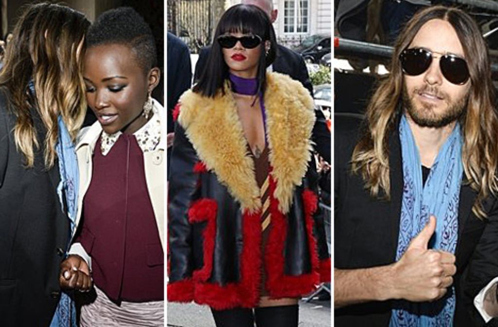 Die Stargäste bei der Miu-Miu-Schau in Paris: Jared Leto und Lupita Nyongo sowie Rihanna. Foto: Getty Images | Montage: SIR