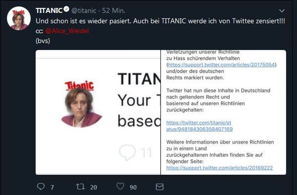 „Schon wieder ist es pasiert“ – die Redaktion der „Titanic“ macht sich über von Storchs Rechtschreibung lustig. Foto: Screenshot/Twitter/@titanic