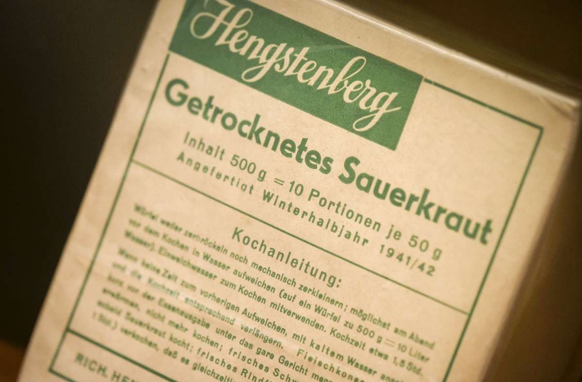 So sah annodazumal eine Packung Hengstenberg-Sauerkraut aus. Das Sauerkraut wird in Esslingen hergestellt.